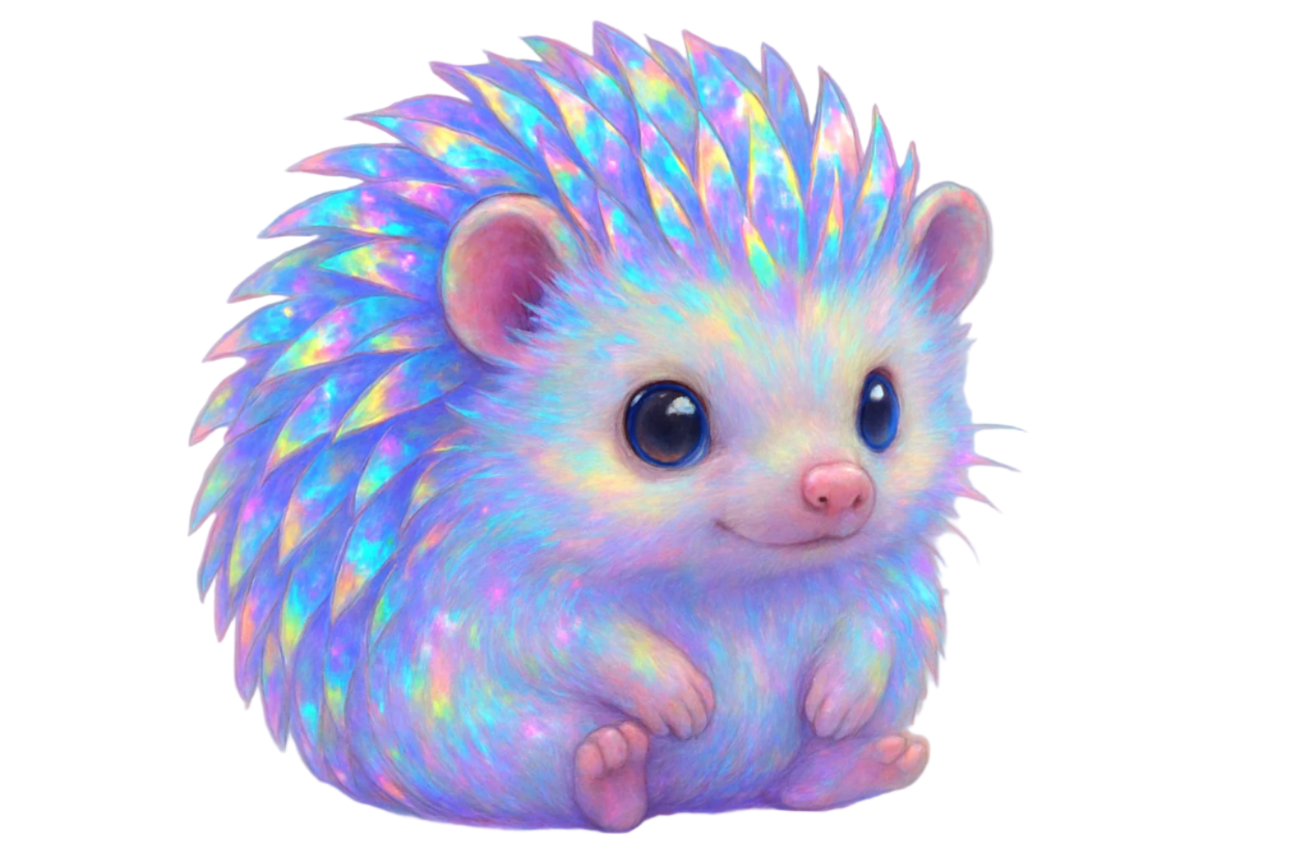 an illustration of a cute little holographic hedgehog